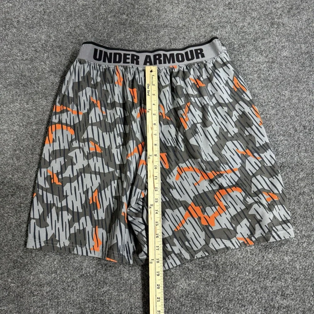 Under Armour Mens Large Loose Camo Shorts Gray Orange Athletic Training Gym